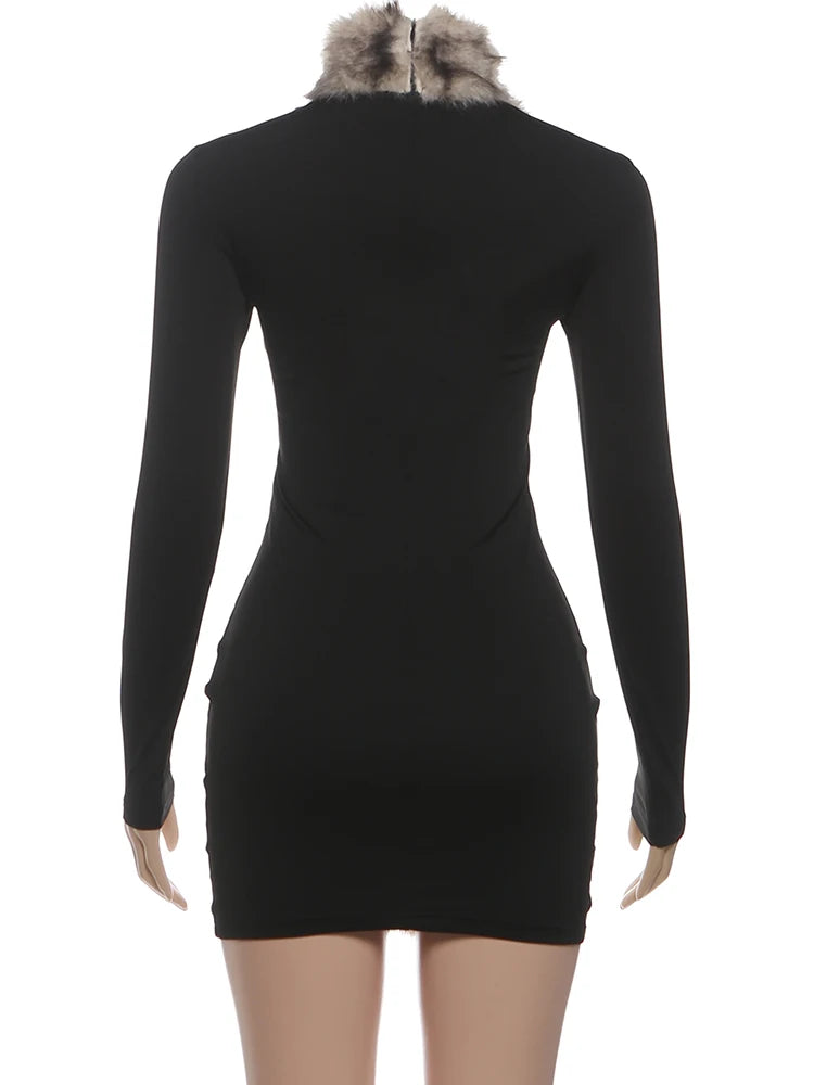 Kliou Sexy Fashion Mini Dresses Woman Furry Patchwork Turtleneck Full Sleeve Skinny Peach Hip Hottie Midnight Club Party Bodycon