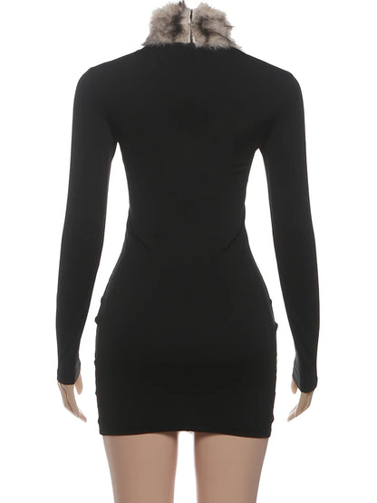 Kliou Sexy Fashion Mini Dresses Woman Furry Patchwork Turtleneck Full Sleeve Skinny Peach Hip Hottie Midnight Club Party Bodycon