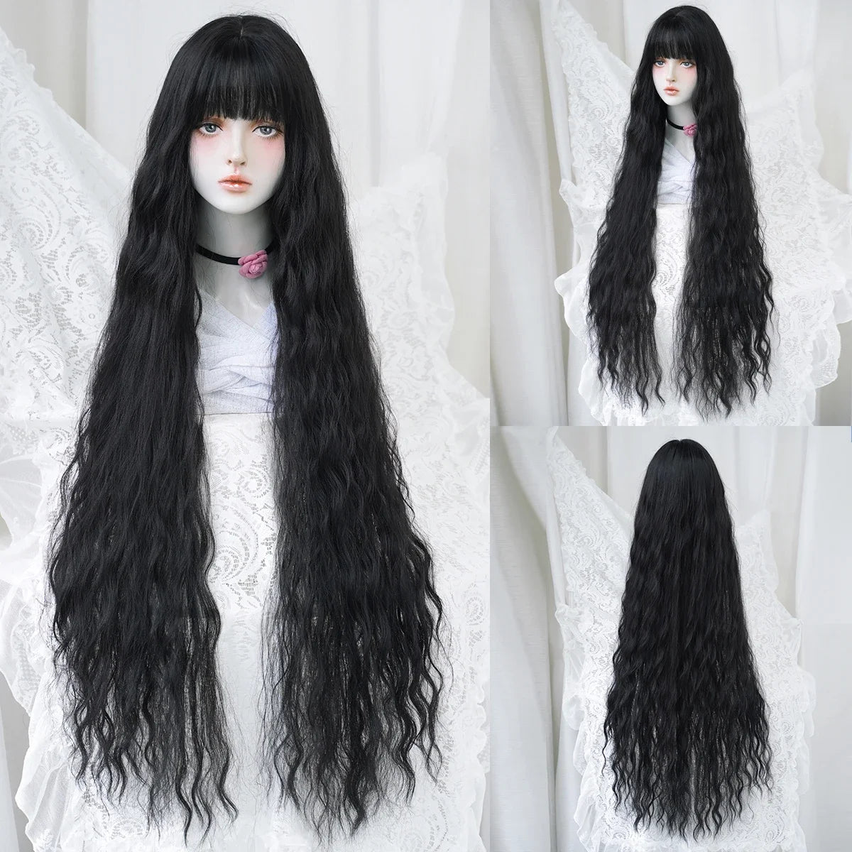 PARK YUN Extra Long Blonde Cosplay Wigs With Bangs Loose Long Curly Blonde Lolita Wig Synthetic Heat Resistant  Wig 44 Inch