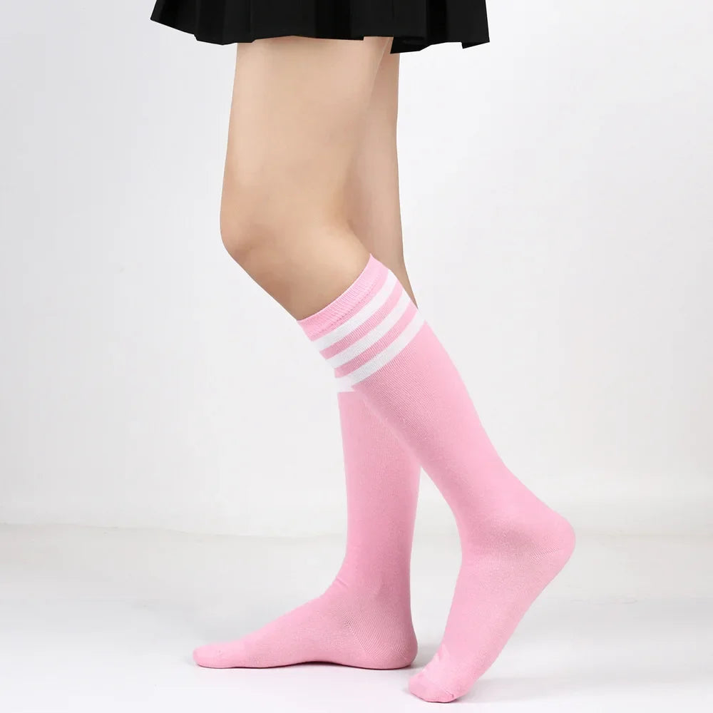 Middle Tube Sock Women Striped Knee High Ladies Japanese Harajuku College Style Cotton Summer Calf Sock Black White Female Gift