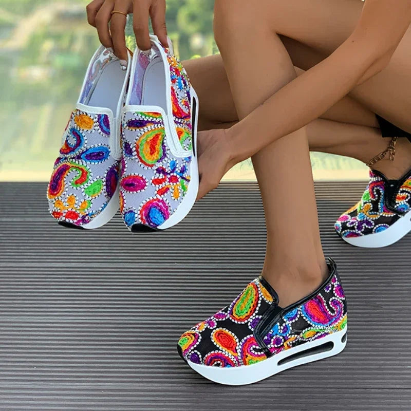 Women's Sneakers Rainbow Embroidered Platform Shoes for Women Breathable Mesh Loafers Lightweight Slip On Casual Shoes Plus Size