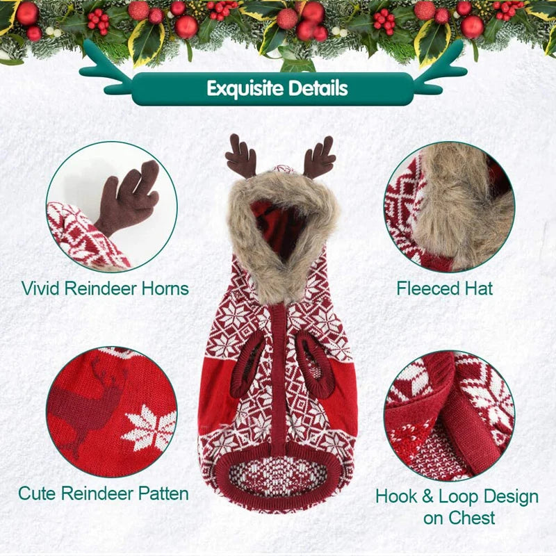 Benepaw Christmas Dog Sweater Winter Warm Reindeer Hooded Knitted Pullover Cat Puppy Clothing Pet Clothes For Small Medium Dogs
