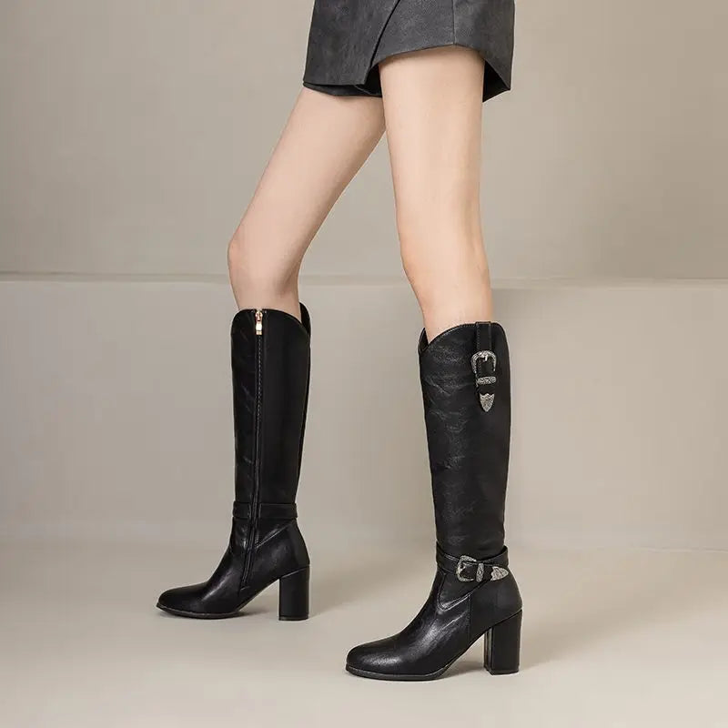 Girseaby British Style Women Knee High Boots Round Toe Block Heel 7.5cm Zipper Plus Size 51 52 Fashion Riding Bota