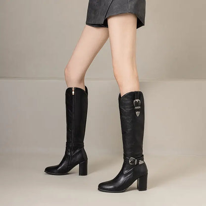 Girseaby British Style Women Knee High Boots Round Toe Block Heel 7.5cm Zipper Plus Size 51 52 Fashion Riding Bota
