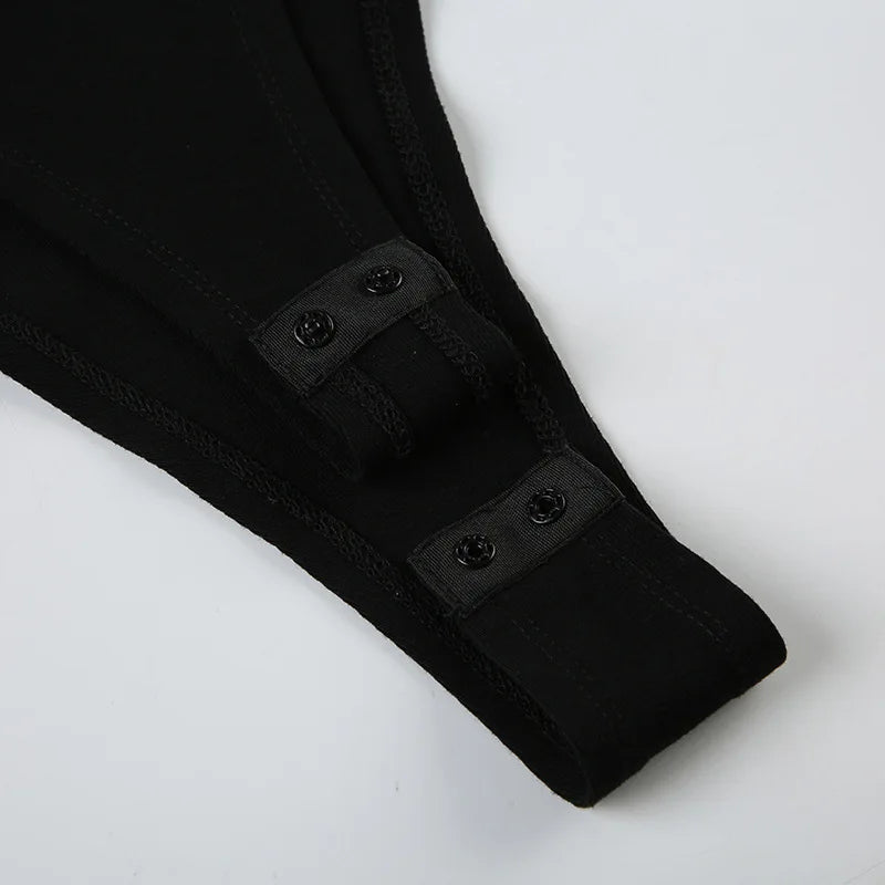 Goth Dark Fairy Grunge Black Letter Print Straps Skinny Bodysuits 90s E-girl Backless One-Piece Outfits Women Casual Streetwear