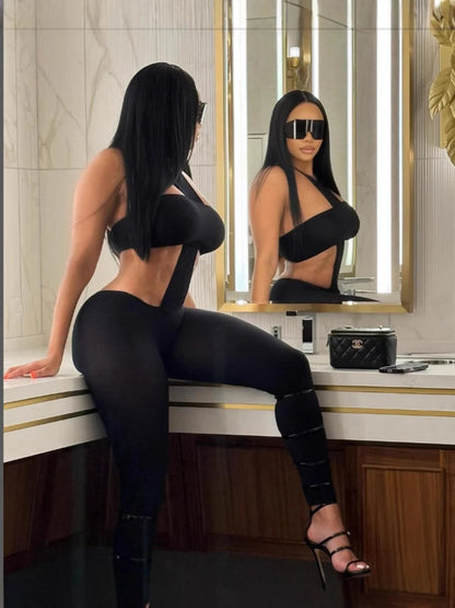 Y2k Sexy Two Piece Sets Woman Club Wear Halter Cross Crop Top and Skinny Pants Suits 2025 Female Jumpsuit Baddie Outfits