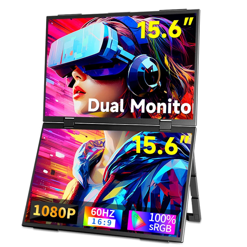 HGFRTEE 15.6 Inch Dual Portable Monitor for Laptop Screen Extender Stackable Foldable 315° Folding Stacked Triple Display