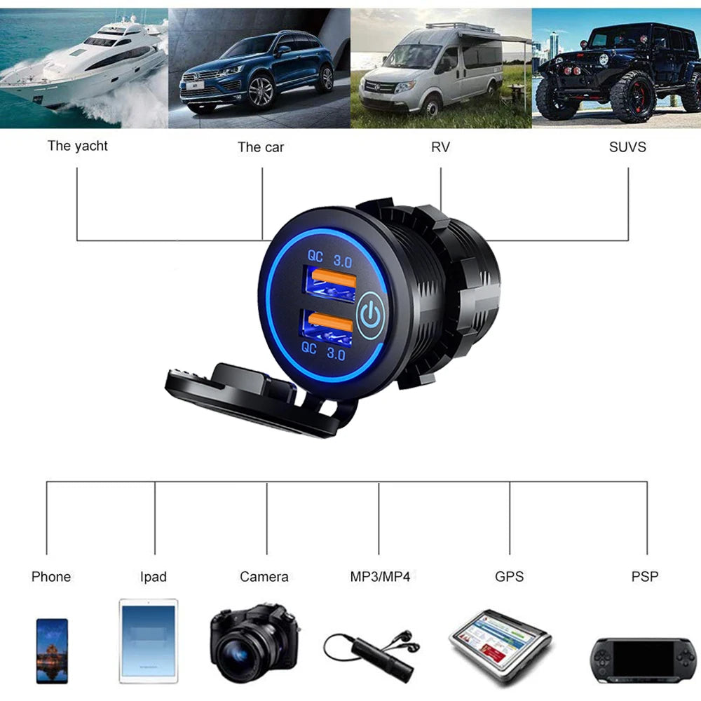 60W 2-port USB Fast Charging Socket Power Outlet Car Modified Charger QC3.0 With Touch Switch for Auto Motorcycle Accessories
