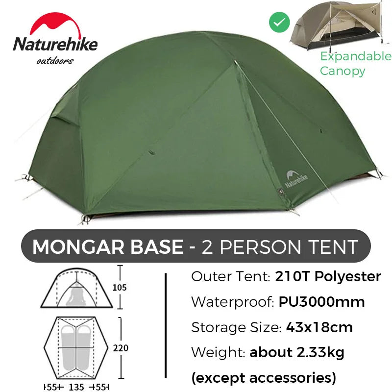 Naturehike Mongar 2 UL/PRO 1-2 Person Backpacking Tent Nylon Waterproof Ultralight Travel Trekking Shelter Tent with Footprint