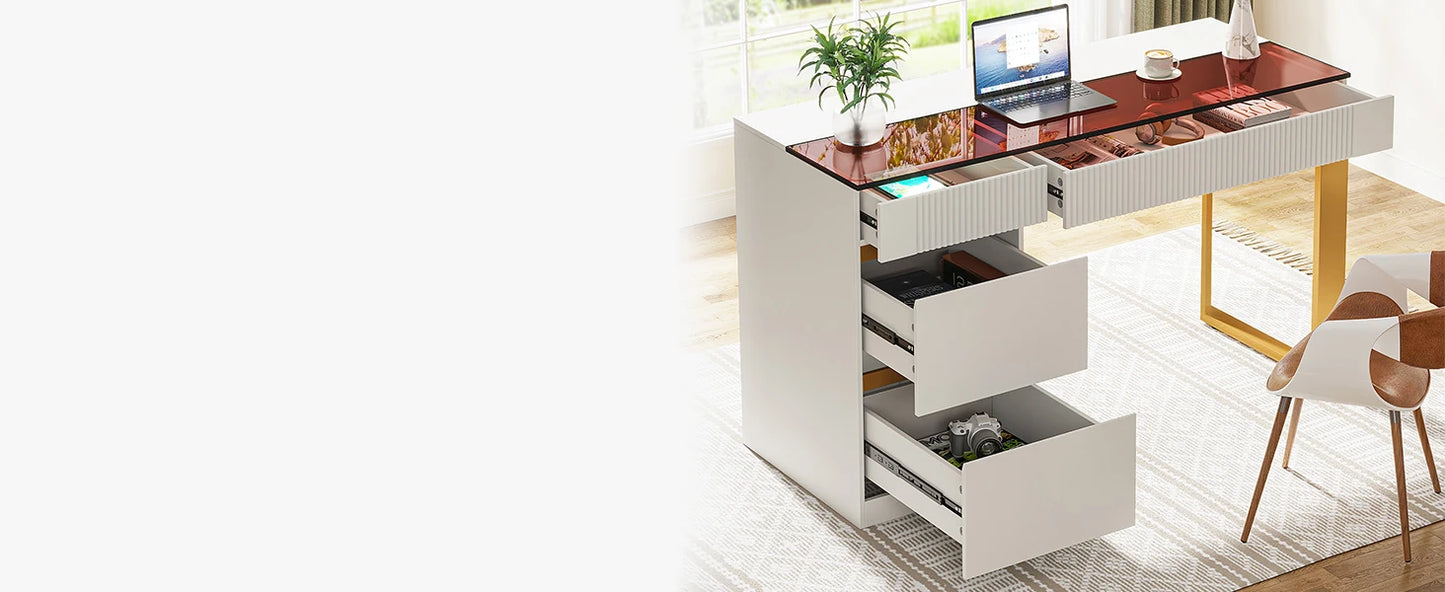 Tribesigns Computer Desk with 4 Drawers, 47 Inch Modern Home Office Desk with Glass Top, White and Gold Writing Workstation Desk