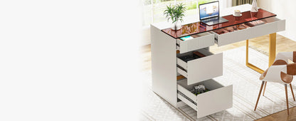 Tribesigns Computer Desk with 4 Drawers, 47 Inch Modern Home Office Desk with Glass Top, White and Gold Writing Workstation Desk