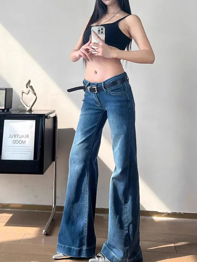 2025 New High Waist Flared Jeans Female Y2K Vintage Slim Stretchy Denim Pants for Women Aesthetic Streetwear Wide Leg Trousers