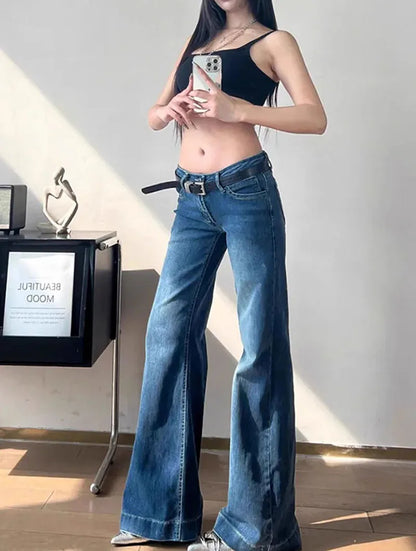 2025 New High Waist Flared Jeans Female Y2K Vintage Slim Stretchy Denim Pants for Women Aesthetic Streetwear Wide Leg Trousers