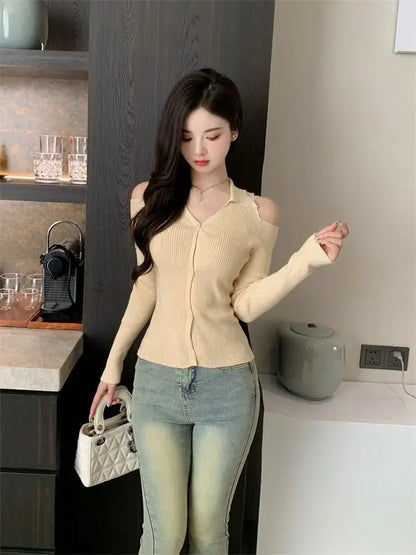 Women Clothing Autumn Fashion Simplicity All-match Screw Thread Knitting Female Solid Color V-neck Slim Sweater Pullovers Tops