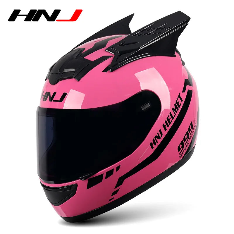 HNJ Men Motorcycle Helmet Women Full Face Helmet Riding Personality Horn Pink Helmet DOT Certification casco moto