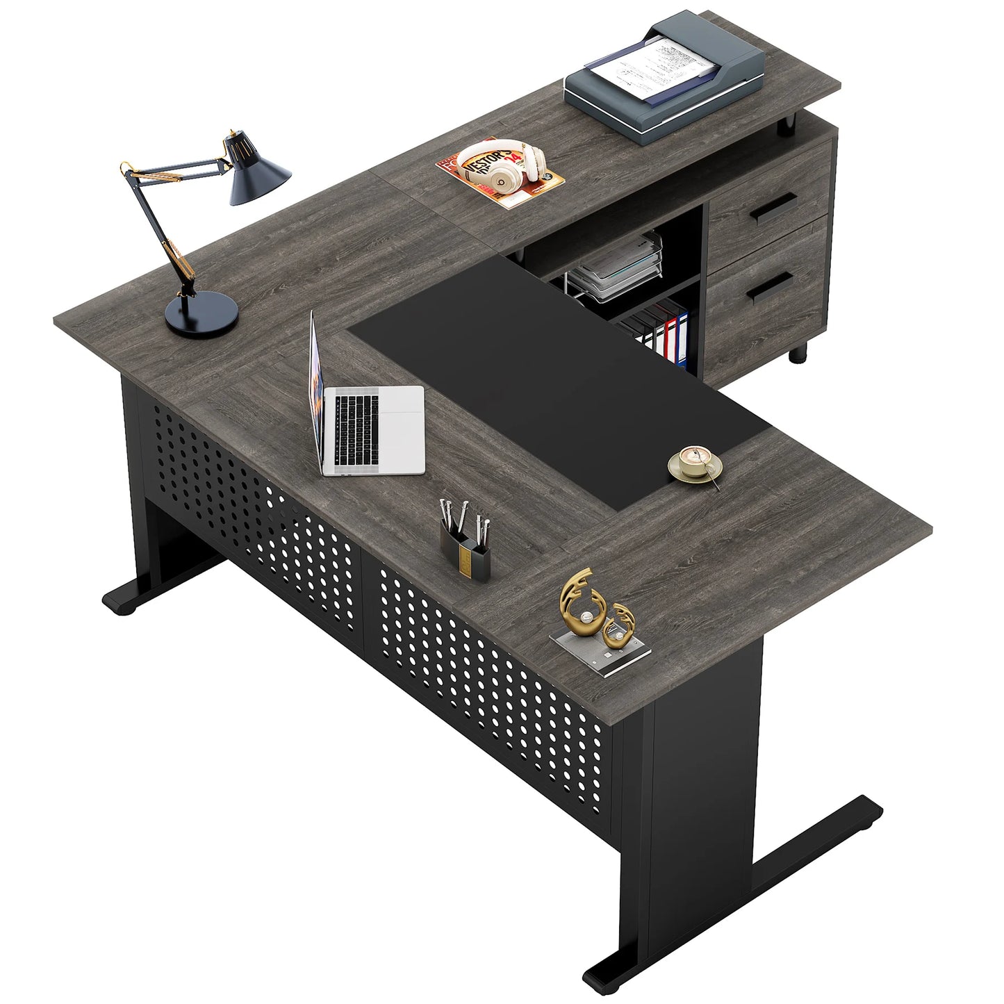 Tribesigns 63 Inch Executive Desk with File Cabinet, Large Office Desk L Shaped Computer Desk with Drawers and Storage Shelves