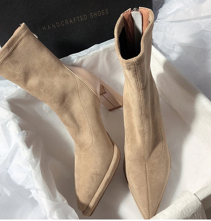 Square High Heel Women Ankle Boots Fashion Zippers Shoes Retro Style Autumn Winter Pointed Toe Ladies Dancing Party Prom Shoes