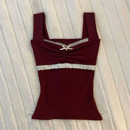 Y2k Summer New Solid Sling Tops Kawaii Lace Bow Inside A Sling Vest 90s Aesthetics Crop Top Women Pink Tank Top Fashion Punk Top