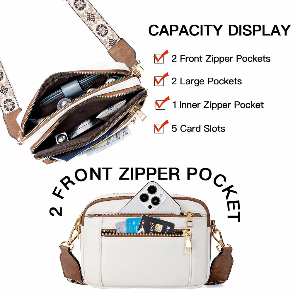 Stylish Wide Strap Shoulder Bag Women's Multiple Pockets Faux Leather Crossbody Bags Adjustable Strap  Travel Handbag Purse