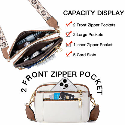 Stylish Wide Strap Shoulder Bag Women's Multiple Pockets Faux Leather Crossbody Bags Adjustable Strap  Travel Handbag Purse