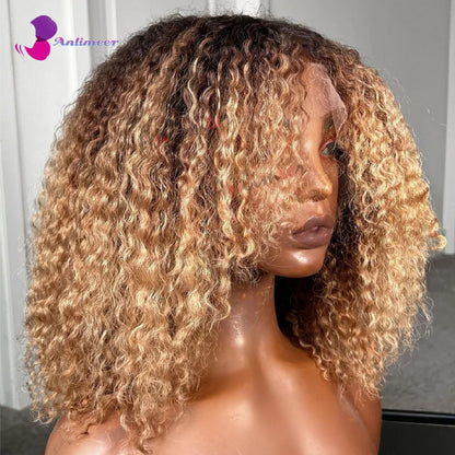 Curly Afro Wig Black Roots Honey Blonde Curly Wig For Black Women Human Hair Afro Kinky Curly Lace Front Wig Frontal Wig 360