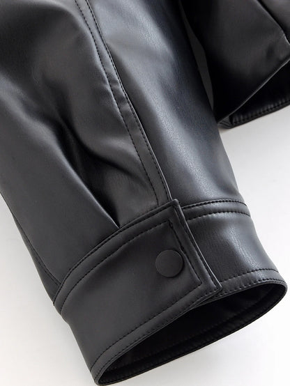 HH Women Fashion Black Short Faux Leather Trench Coat Long Sleeve Lapel Jacket With Belt Vintage Lady Motorcycle Jacket Outwear