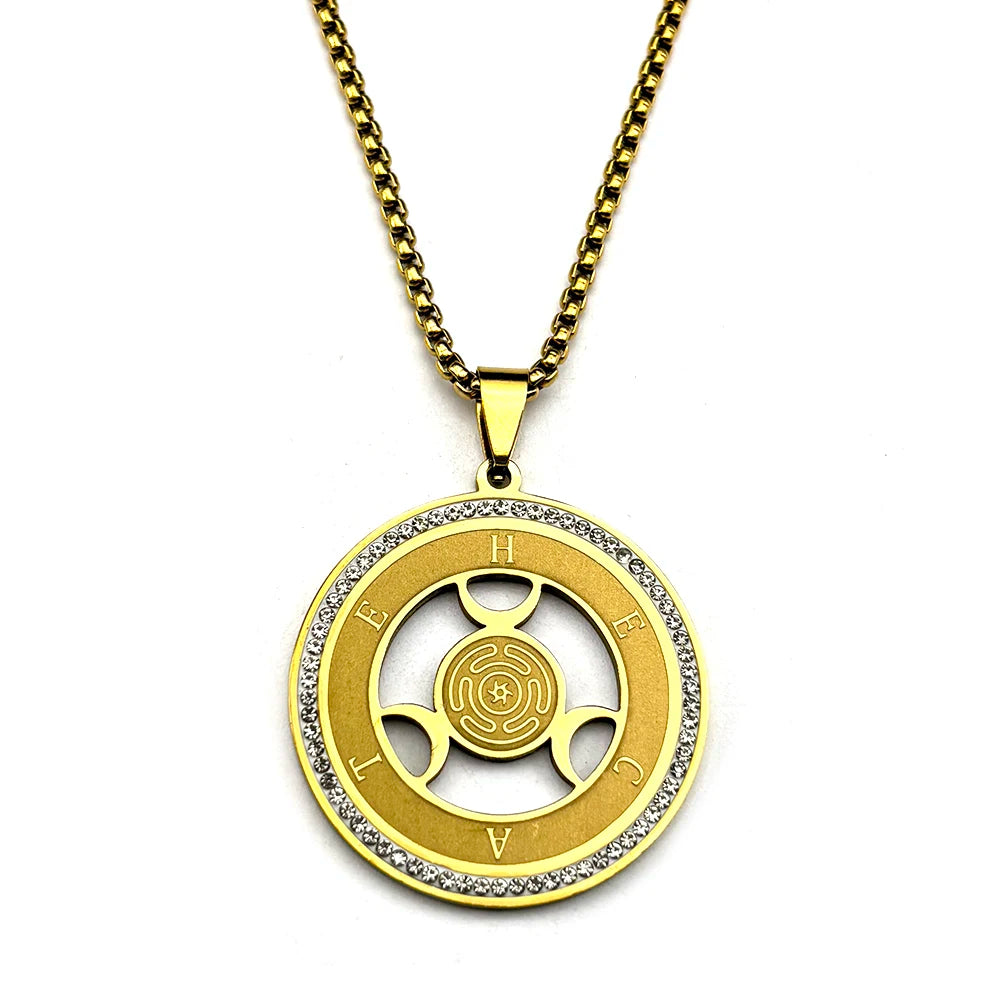 Witchcraft Triple Moon Goddness Hekate Wheel Stainless Steel Pendant Necklace Strophalos Hecate Magic Symbol PIN Jewelry