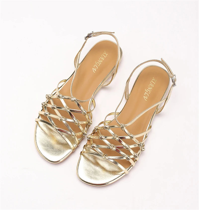 ZAROY Luxury Gold Gladiator Flat Sandals Woman Summer Narrow Band Open Toe Roman Shoes Casual Strap Sandalia Zapatos босон