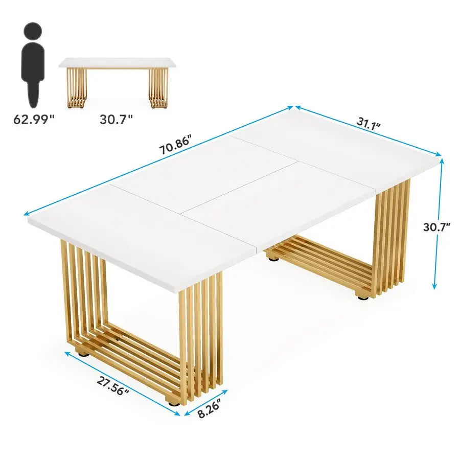 70.9 Modern Office Desk, Wooden Computer Desk, White Executive Desk with Gold Metal Legs, Large Workstation for Home Office, St