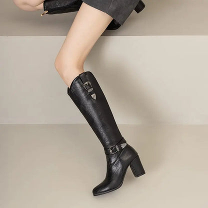 Girseaby British Style Women Knee High Boots Round Toe Block Heel 7.5cm Zipper Plus Size 51 52 Fashion Riding Bota