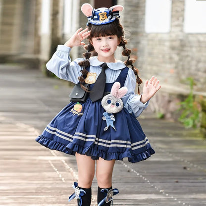 Girl Cosplay Judy Hopps Police Officer Dress Ear Sheriff Hat Bunny Costume Kids Dress Up Halloween Rabbit Disguise Dress Outfits
