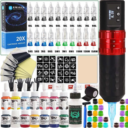 Professional Wireless Tattoo Kit 7 Stroke Tattoo Machine Sets EMALLA Cartridge Needles Transfer Paper Skins for Tattoo Beginners