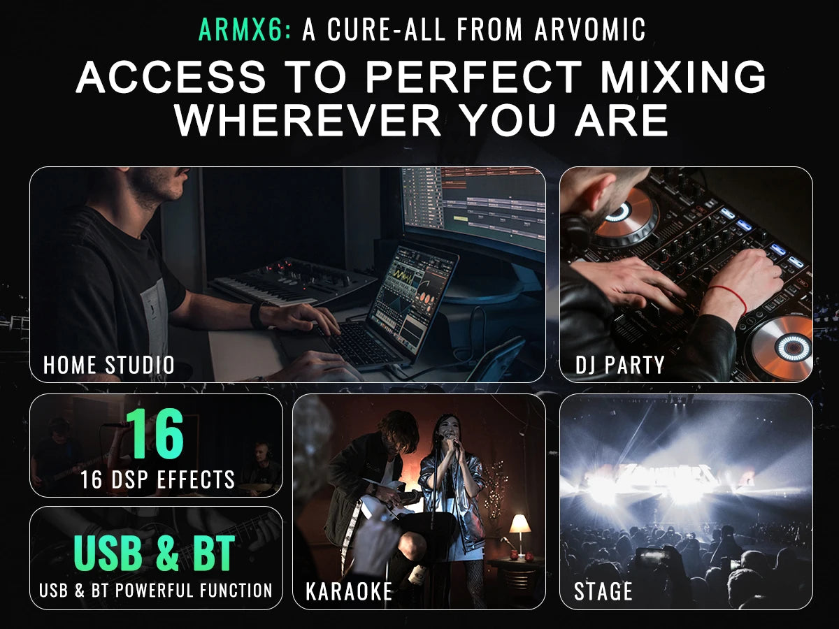 6-Channel Audio Mixer, DJ Mixer with USB Audio Interface, Bluetooth Function, 16 DSP Effects, and 3-Band EQ (ARMX-6)