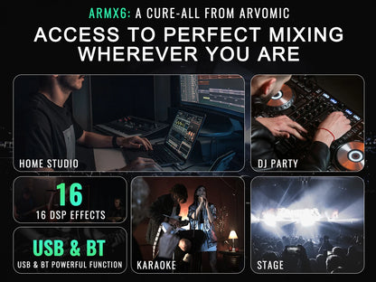 6-Channel Audio Mixer, DJ Mixer with USB Audio Interface, Bluetooth Function, 16 DSP Effects, and 3-Band EQ (ARMX-6)