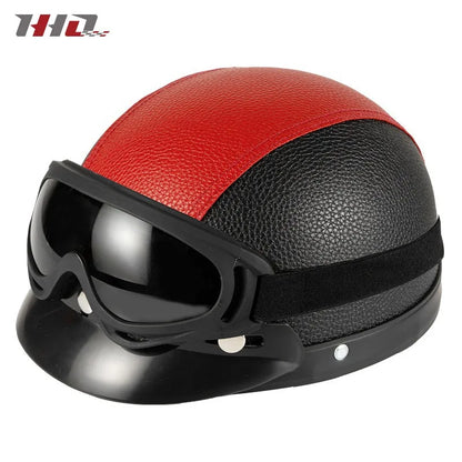 Retro Leather Half Helmet with Ear & Neck Protection - All-Season Cycling Safety Helmet