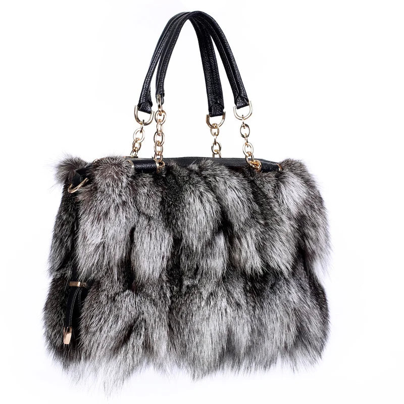 Winter Fox Fur Bag Women's Fur Bag Fashion Fur Handbag Ladies Bags Purses Women Shoulder Bag Real Silver Fox Fur Messenger Bags