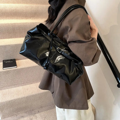 Women's Vintage Glossy Oil Wax Leather Tote Bag Buckle Casual Shoulder Handbag Elegant Work Bag for Daily Commute Top-handle Sac