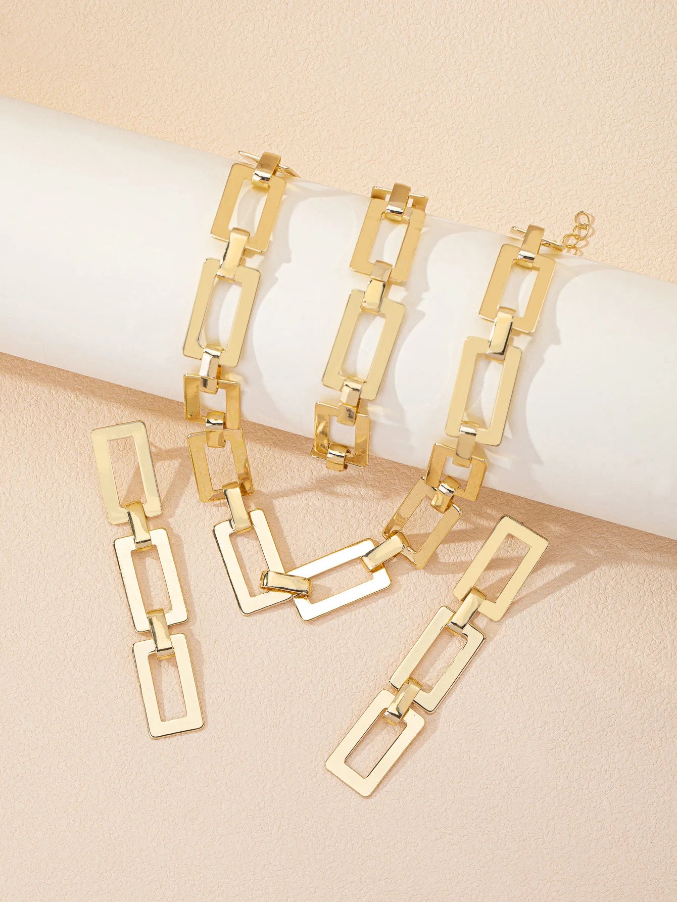 3/4PCS Stainless Steel Fashion Gold Color Geometric Chain Hollow Necklace Bracelets For Women Girl New Fashion Non-fading Set