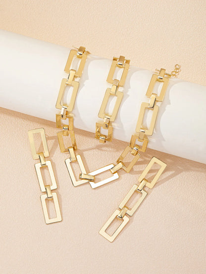 3/4PCS Stainless Steel Fashion Gold Color Geometric Chain Hollow Necklace Bracelets For Women Girl New Fashion Non-fading Set