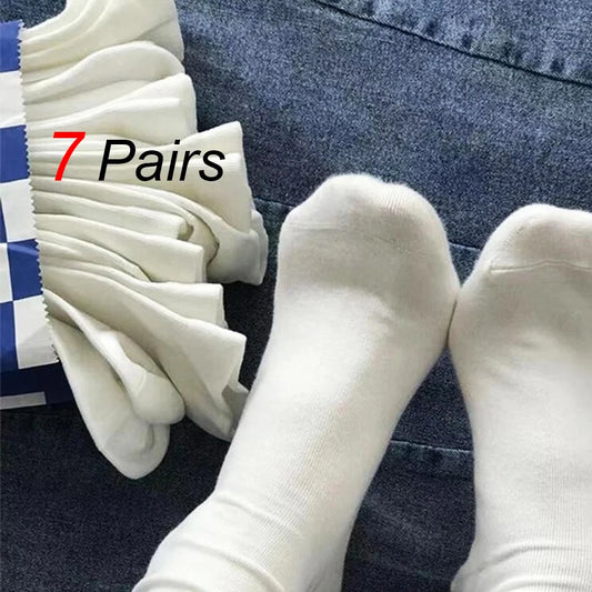 7 Pairs Women Round Neck Socks Fashionable Versatile Black White Solid Boneless Soft Sweat Absorbing Breathable Casual Socks
