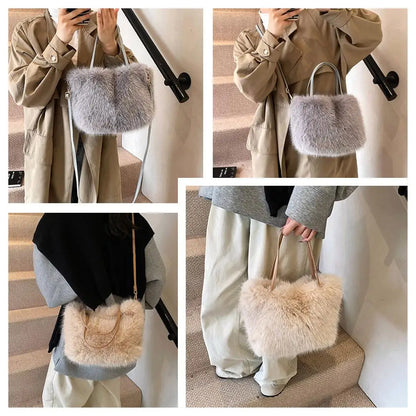 Fahion Faux Fur Tote Bag Women's Bucket Plush Luxury Design Ladies Handbags Winter Crossbody Shoulder Bags