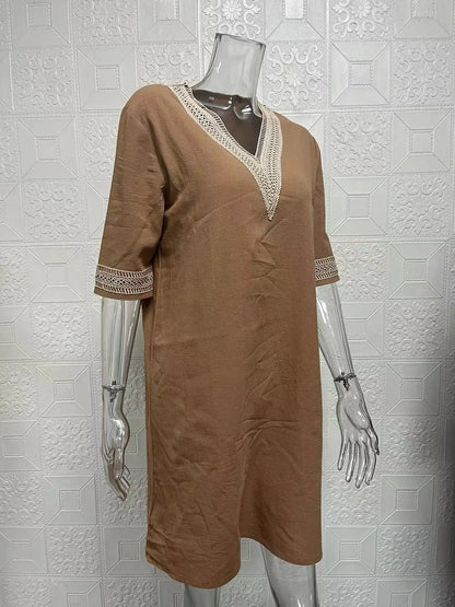 New solid color V-neck mid-sleeved elegant dress