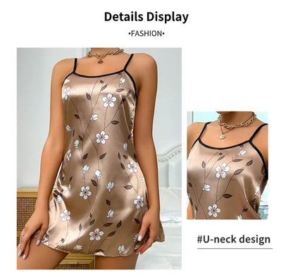 Women's Sleepwear Summer Floral Print Satin Nightgown Casual Sleeveless Backless Slip Night Dress Sexy Nightdress Home Clothes