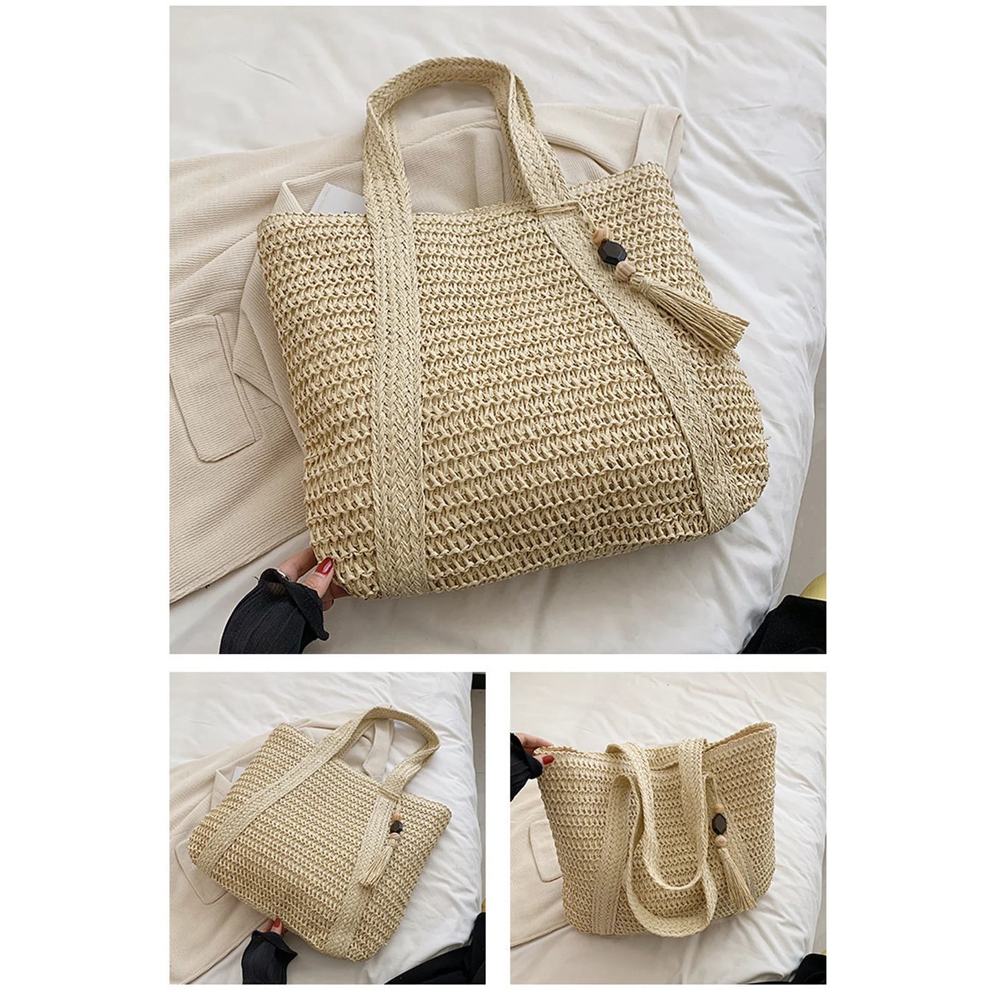 Women Hand Woven Tote Bag Solid Color Large Capacity Square Handbag Straw Shoulder Bag with Tassel Pendant