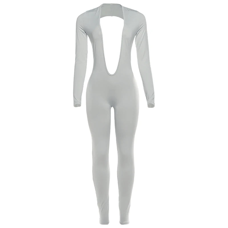 Nibber Backless Jumpsuit Women Deep v-Neck Long Sleeve Solid Skinny High Stretch Sexy Midnight Coquette Basis Wild Fall Outfits