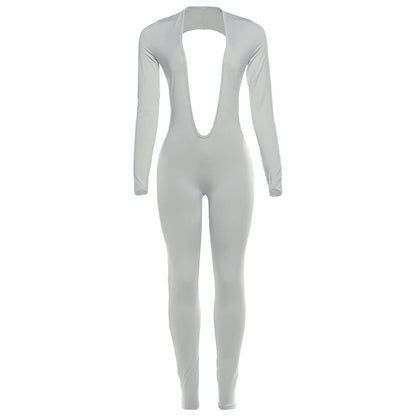 Nibber Backless Jumpsuit Women Deep v-Neck Long Sleeve Solid Skinny High Stretch Sexy Midnight Coquette Basis Wild Fall Outfits