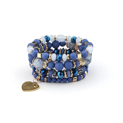 4Pcs Bohemia Acrylic Beaded Bracelet Set For Women Solid Heart Charm Elastic Chain Bangle Men Retro Daily Wear Jewelry Gift