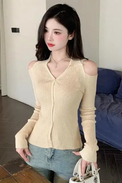 Women Clothing Autumn Fashion Simplicity All-match Screw Thread Knitting Female Solid Color V-neck Slim Sweater Pullovers Tops