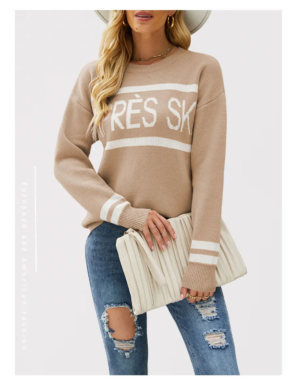 Women's Autumn and Winter New Crew-neck Monogram Jacquard Patchwork Pullover Sweater, Fashion Casual Spell Color Knit Sweater