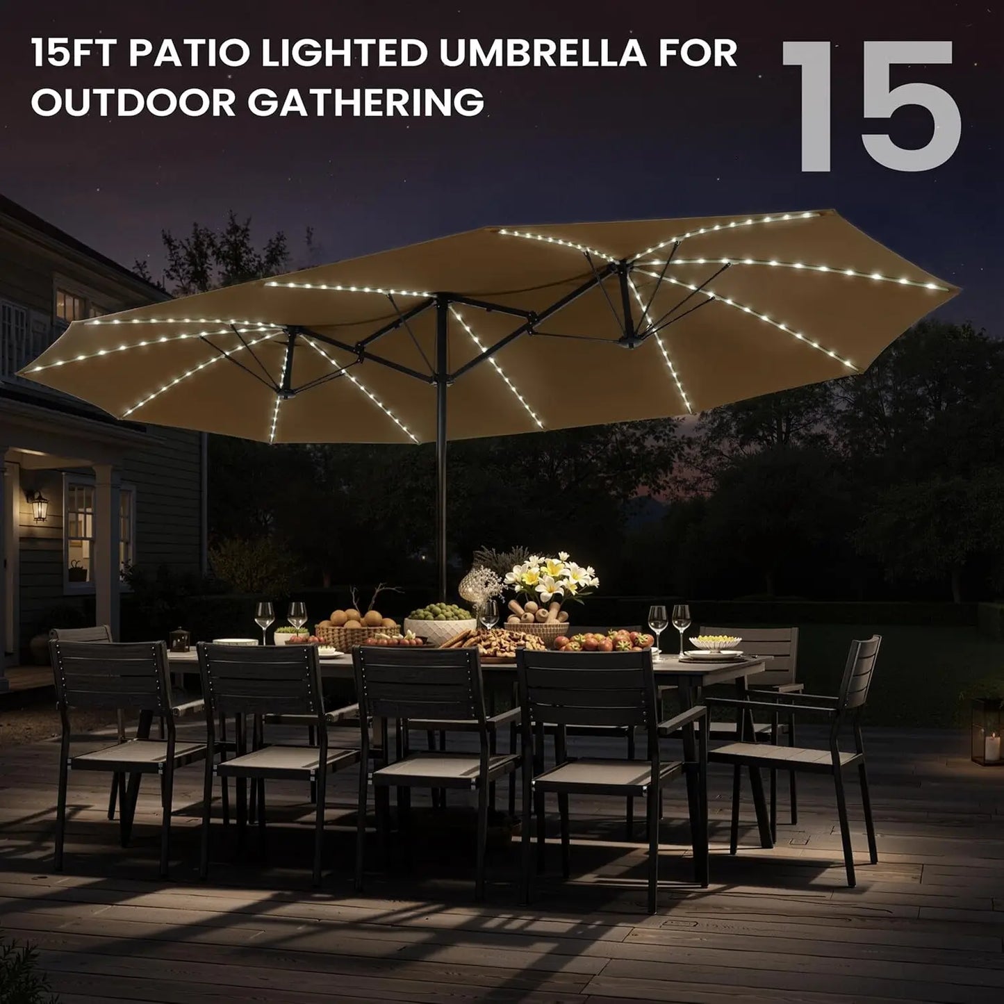 15FT Double Sided Umbrella with 144 LED Solar Lights, Outdoor Patio Umbrella with Base, Large Rectangle Market, Customized